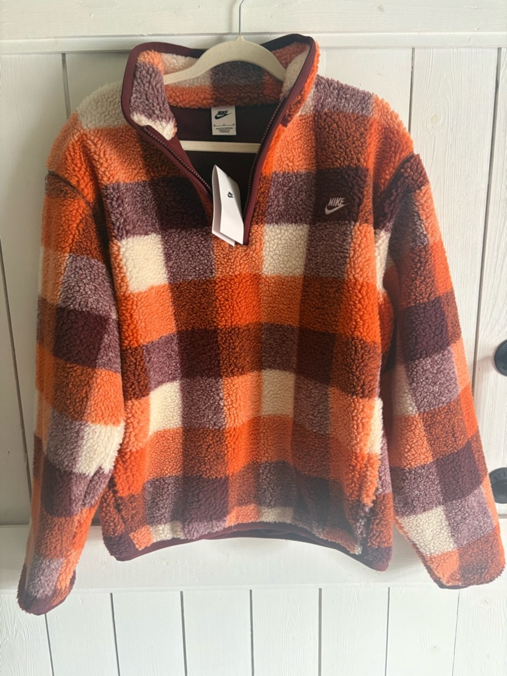 Nike Burgundy, Orange & Cream Plaid Sherpa Zip Pullover